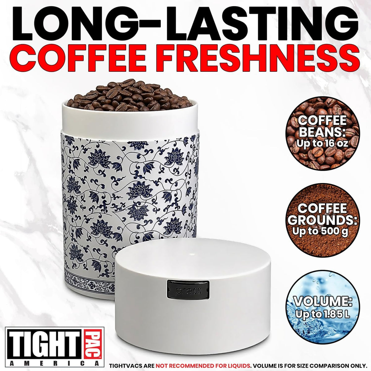 COFFEEVAC 1 LB Airtight Coffee Bean Storage Container, Patented Vacuum Seal, Coffee Grounds Container, 1.85L, Smell Proof, Black Cap and Body