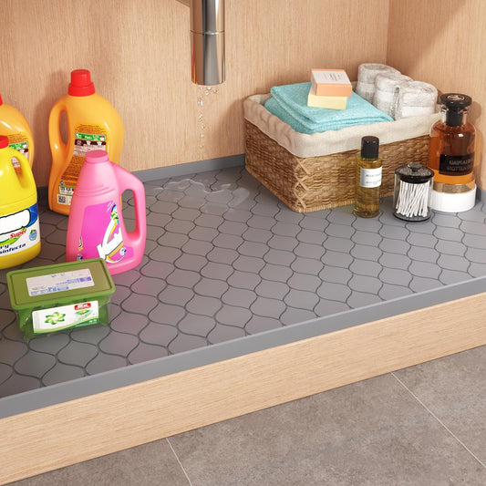 Waterproof Under Sink Mat 34" x 22", Silicone Mat, Dark Gray | Raised Edge Traps Spills & Leaks, Shelf Liner, Cabinet Protector, for Kitchen, Bathroom, Boots, Pets, Home Essentials