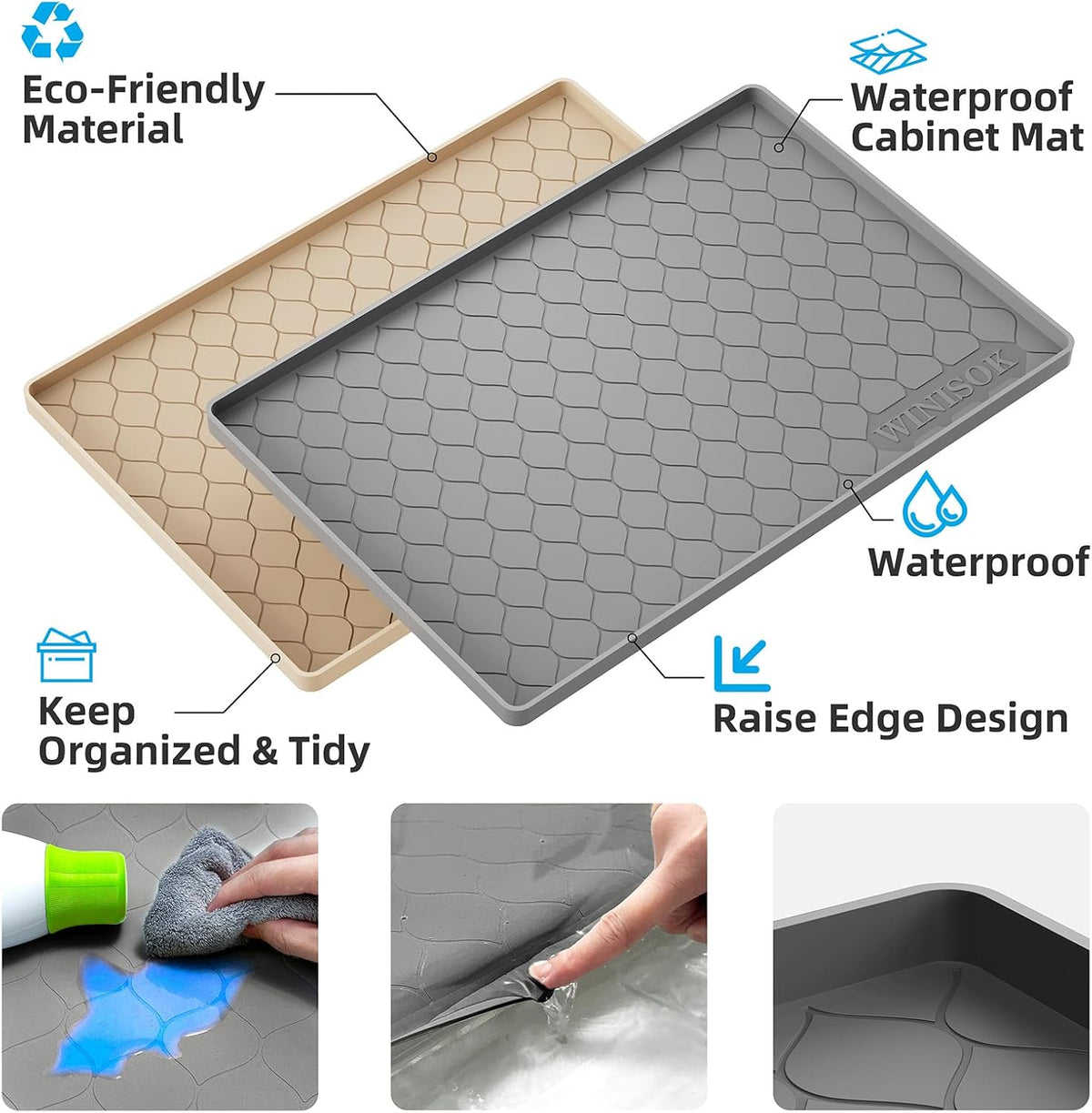 Waterproof Under Sink Mat 34" x 22", Silicone Mat, Dark Gray | Raised Edge Traps Spills & Leaks, Shelf Liner, Cabinet Protector, for Kitchen, Bathroom, Boots, Pets, Home Essentials