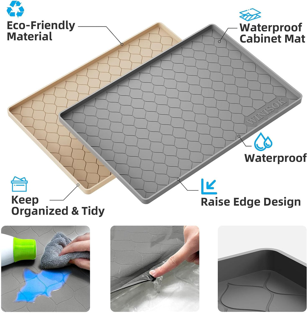 Waterproof Under Sink Mat 34" x 22", Silicone Mat, Dark Gray | Raised Edge Traps Spills & Leaks, Shelf Liner, Cabinet Protector, for Kitchen, Bathroom, Boots, Pets, Home Essentials