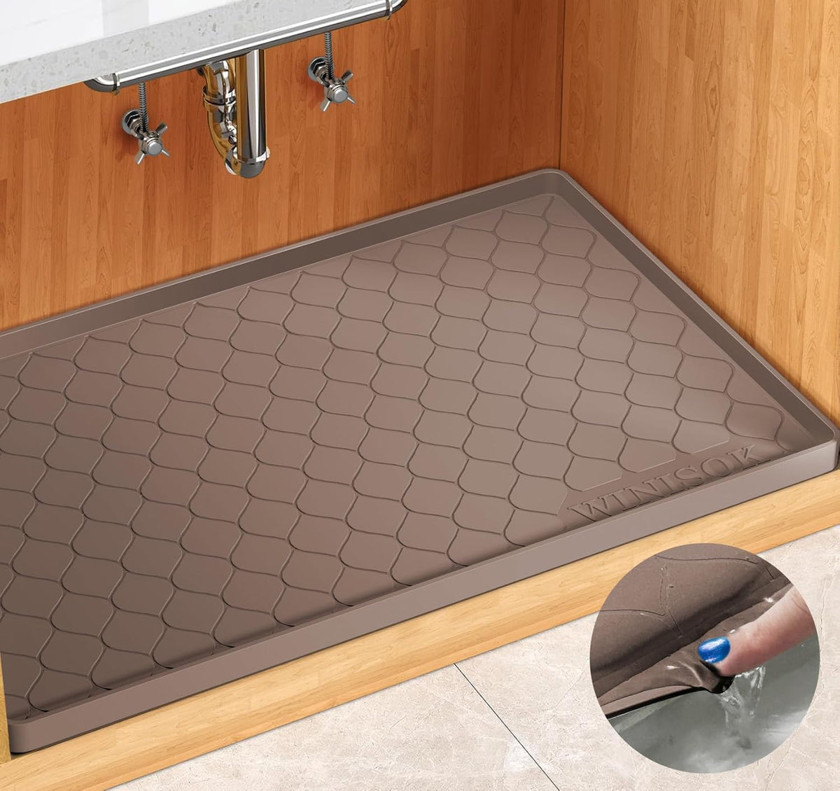 Waterproof Under Sink Mat 34" x 22", Silicone Mat, Dark Gray | Raised Edge Traps Spills & Leaks, Shelf Liner, Cabinet Protector, for Kitchen, Bathroom, Boots, Pets, Home Essentials