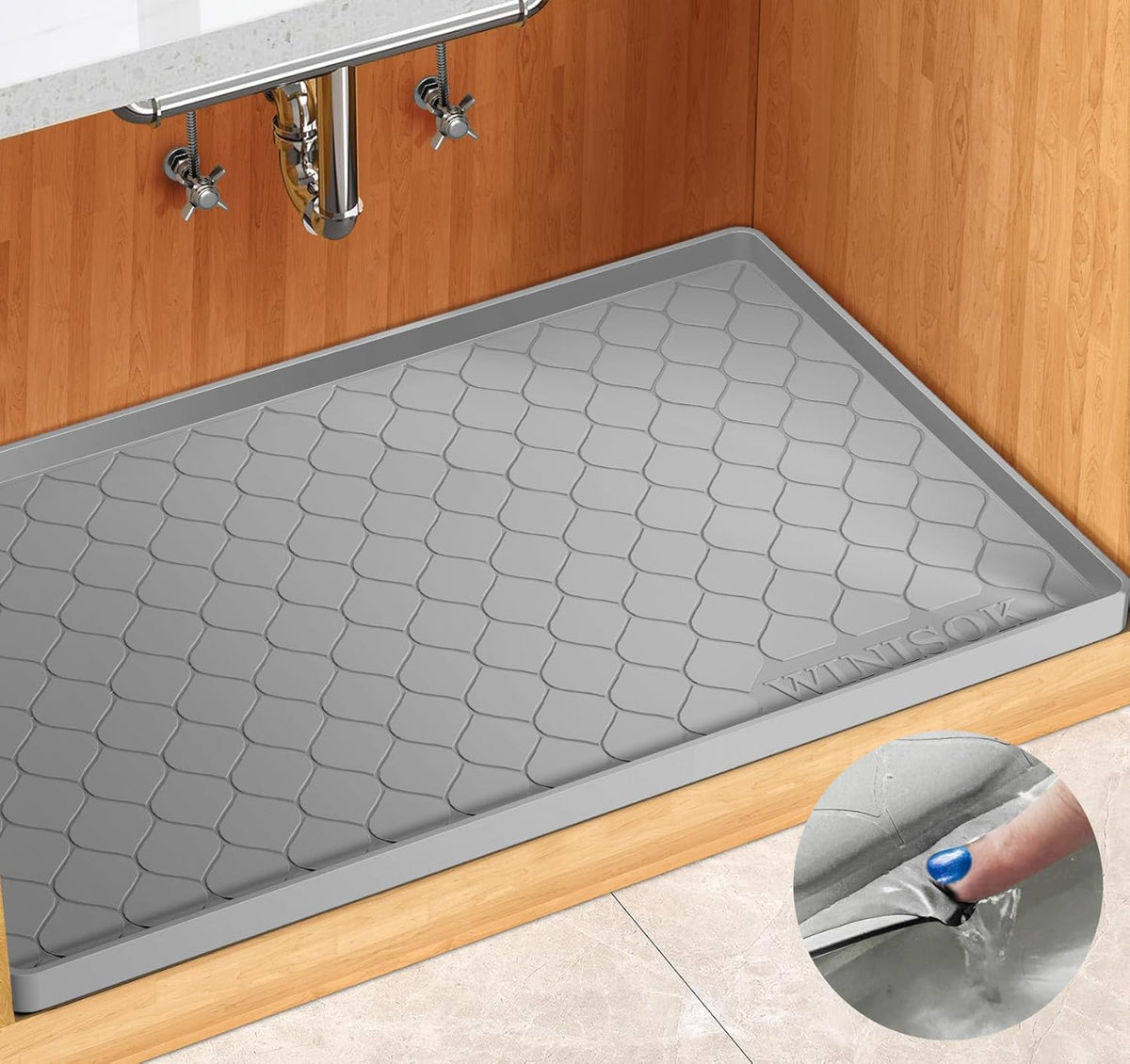 Waterproof Under Sink Mat 34" x 22", Silicone Mat, Dark Gray | Raised Edge Traps Spills & Leaks, Shelf Liner, Cabinet Protector, for Kitchen, Bathroom, Boots, Pets, Home Essentials