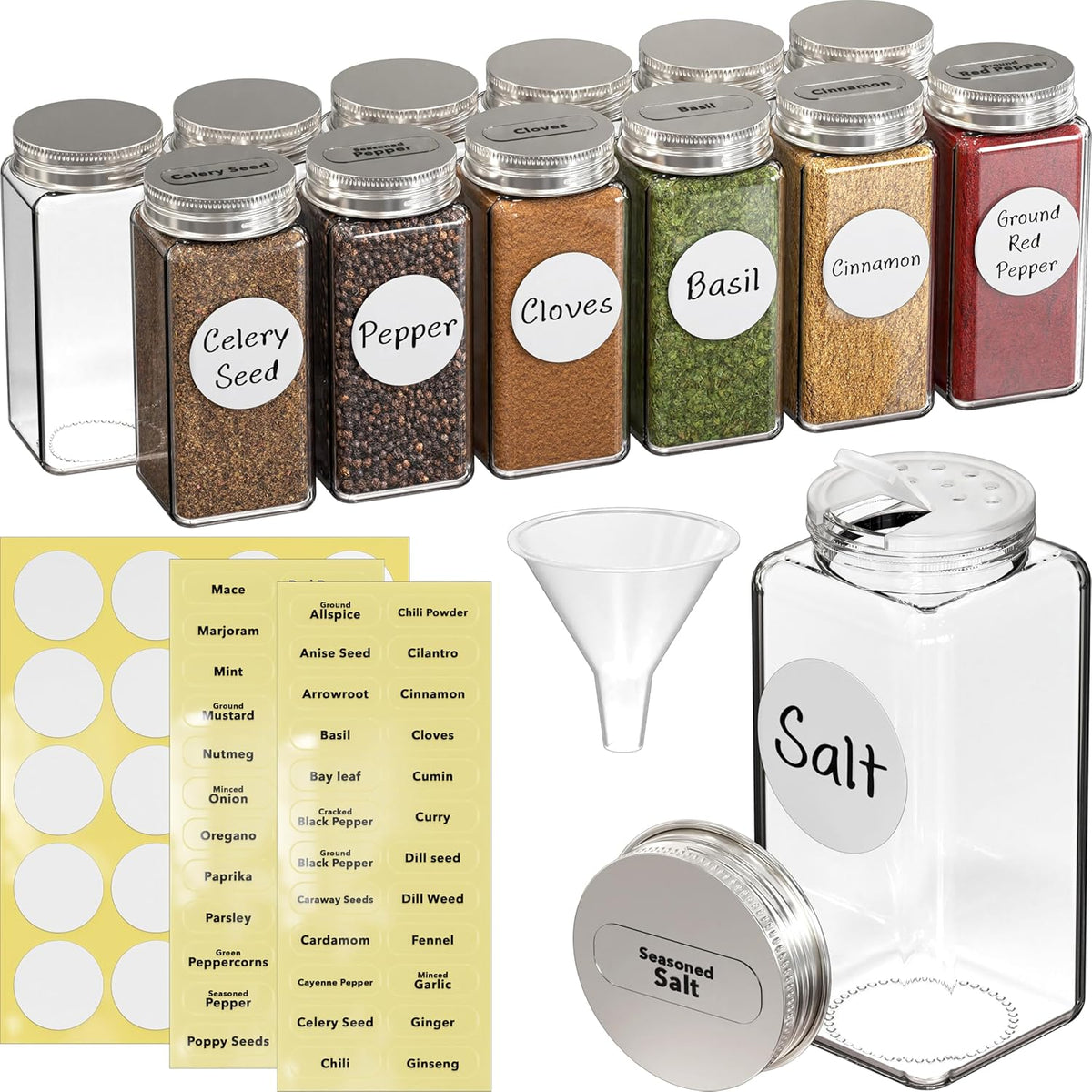 Spice Jars 4-oz Square Glass Bottles | 4 Ounce, with Shaker Lids, Funnel and Labels for Seasoning & Storage