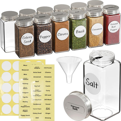 Spice Jars 4-oz Square Glass Bottles | 4 Ounce, with Shaker Lids, Funnel and Labels for Seasoning & Storage
