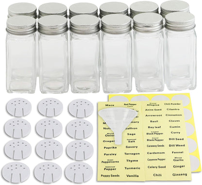 Spice Jars 4-oz Square Glass Bottles | 4 Ounce, with Shaker Lids, Funnel and Labels for Seasoning & Storage