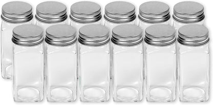 Spice Jars 4-oz Square Glass Bottles | 4 Ounce, with Shaker Lids, Funnel and Labels for Seasoning & Storage