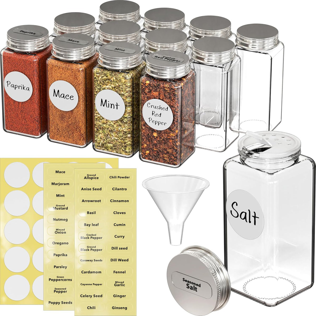 Spice Jars 4-oz Square Glass Bottles | 4 Ounce, with Shaker Lids, Funnel and Labels for Seasoning & Storage