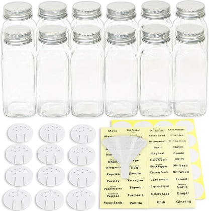 Spice Jars 4-oz Square Glass Bottles | 4 Ounce, with Shaker Lids, Funnel and Labels for Seasoning & Storage