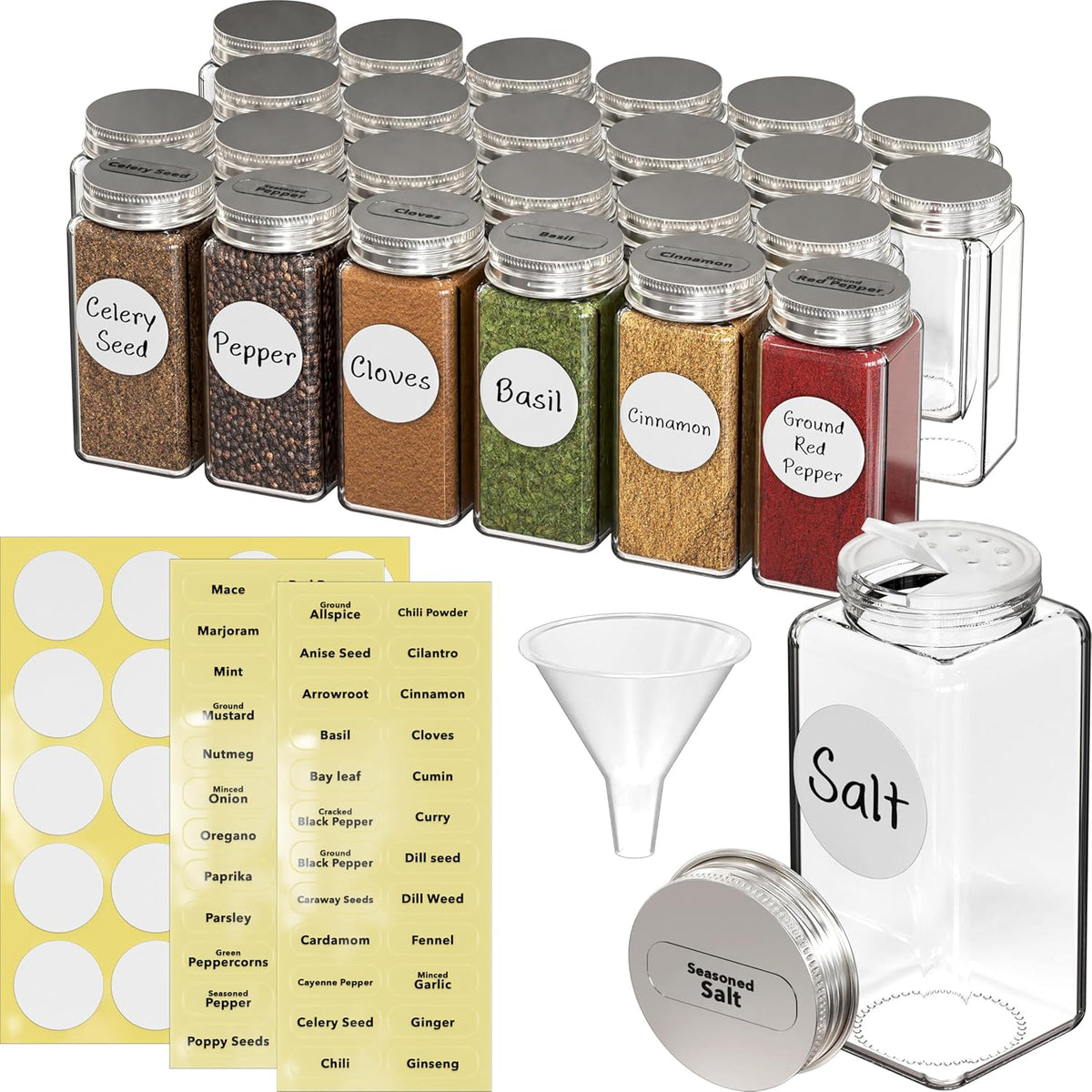 Spice Jars 4-oz Square Glass Bottles | 4 Ounce, with Shaker Lids, Funnel and Labels for Seasoning & Storage