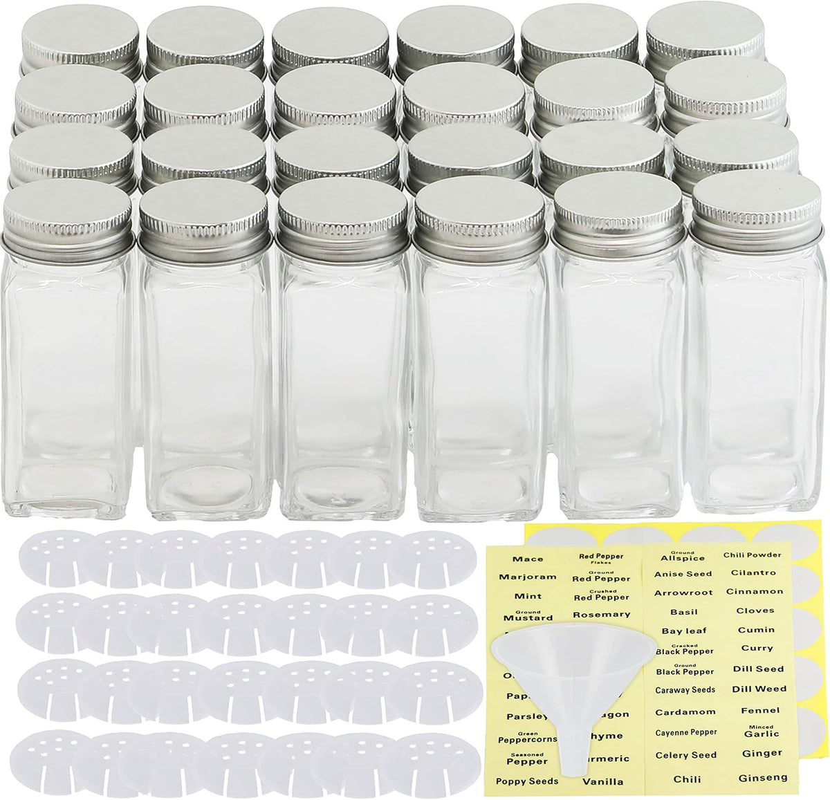 Spice Jars 4-oz Square Glass Bottles | 4 Ounce, with Shaker Lids, Funnel and Labels for Seasoning & Storage
