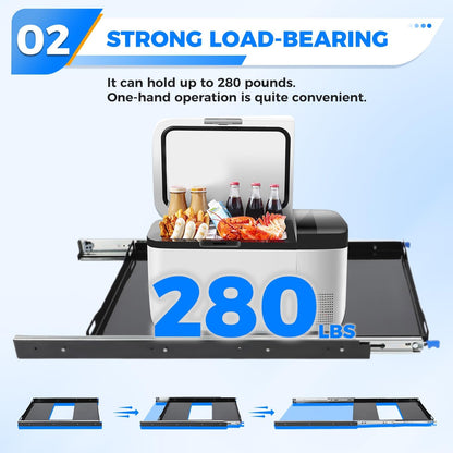 Fridge Slide 29.3 x 18.7in Compatible with 28 to 65L Fridges/Coolers, Universal Portable Vehicle Refrigerator Freezer Slide Mount, W/4 Buckle Straps, 280 LBS