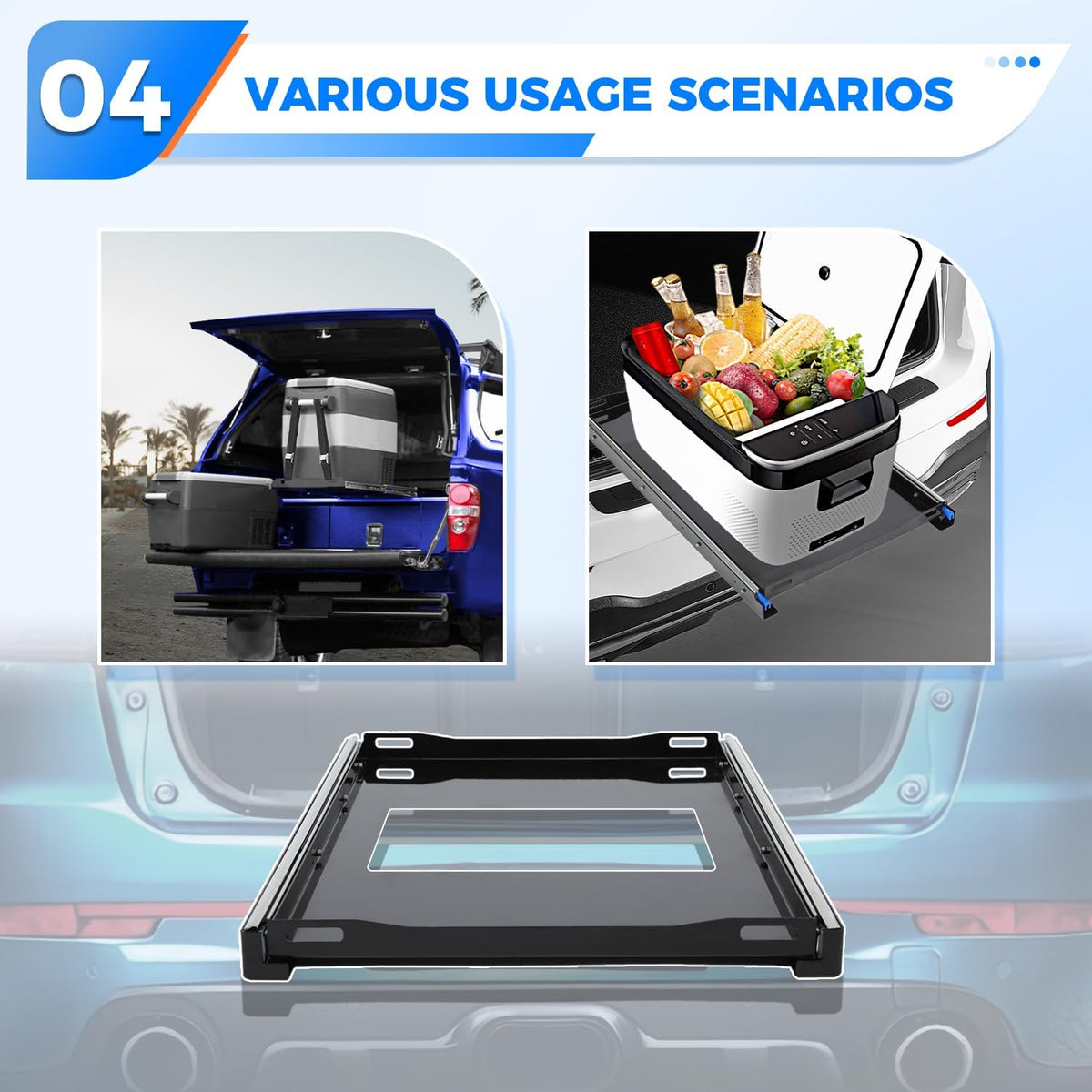 Fridge Slide 29.3 x 18.7in Compatible with 28 to 65L Fridges/Coolers, Universal Portable Vehicle Refrigerator Freezer Slide Mount, W/4 Buckle Straps, 280 LBS