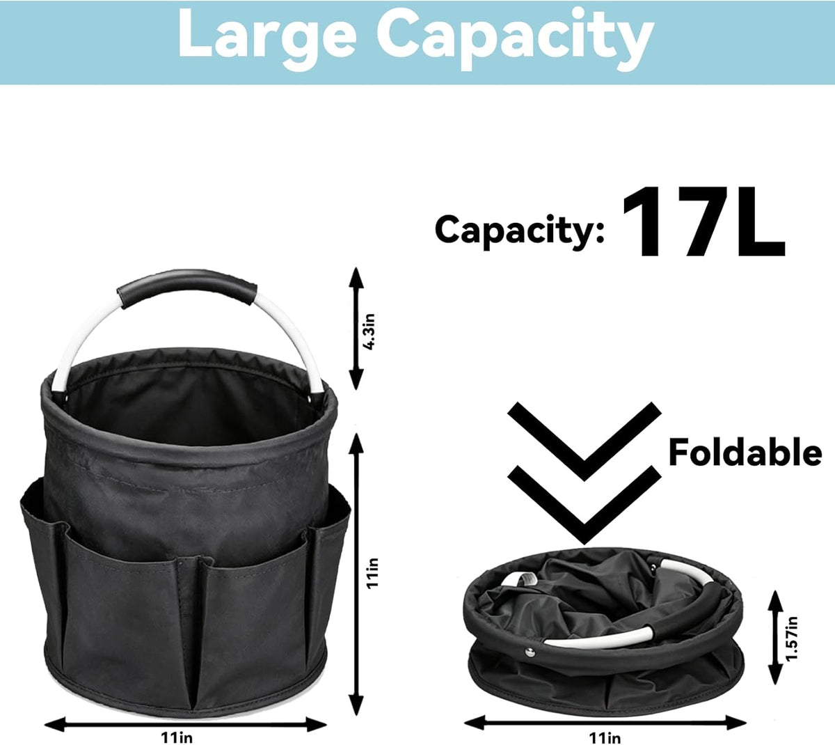 Cleaning Caddy with Handle, 17L Foldable Organizer with 6 Pockets | 600D Oxford Fabric, Durable, Waterproof, Large Capacity, Space-Saving Foldable, Multi Cleaning Bucket Bag for Home, Garden