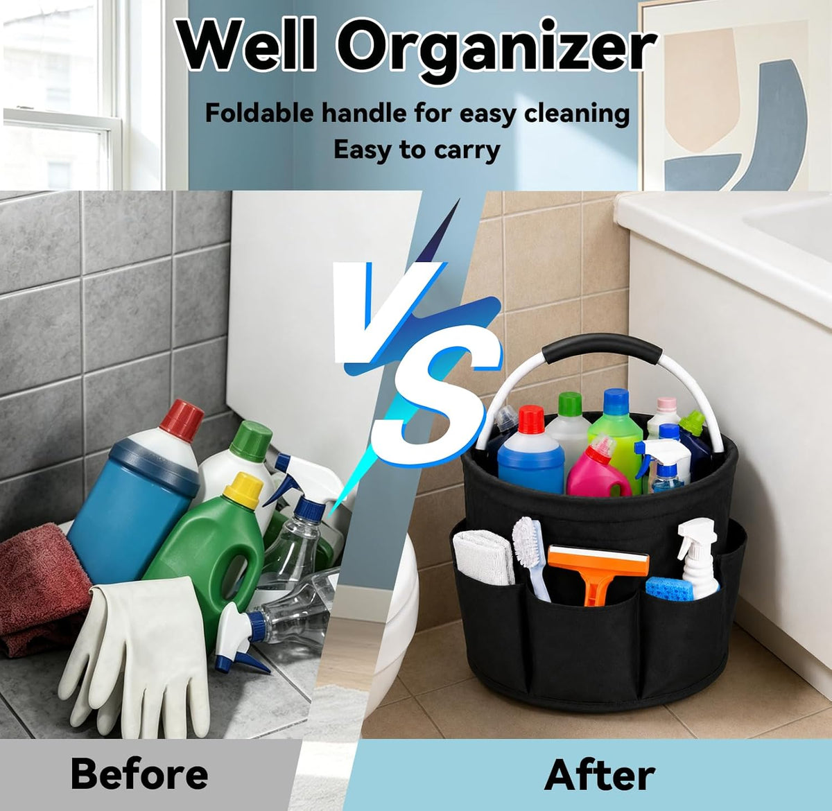 Cleaning Caddy with Handle, 17L Foldable Organizer with 6 Pockets | 600D Oxford Fabric, Durable, Waterproof, Large Capacity, Space-Saving Foldable, Multi Cleaning Bucket Bag for Home, Garden