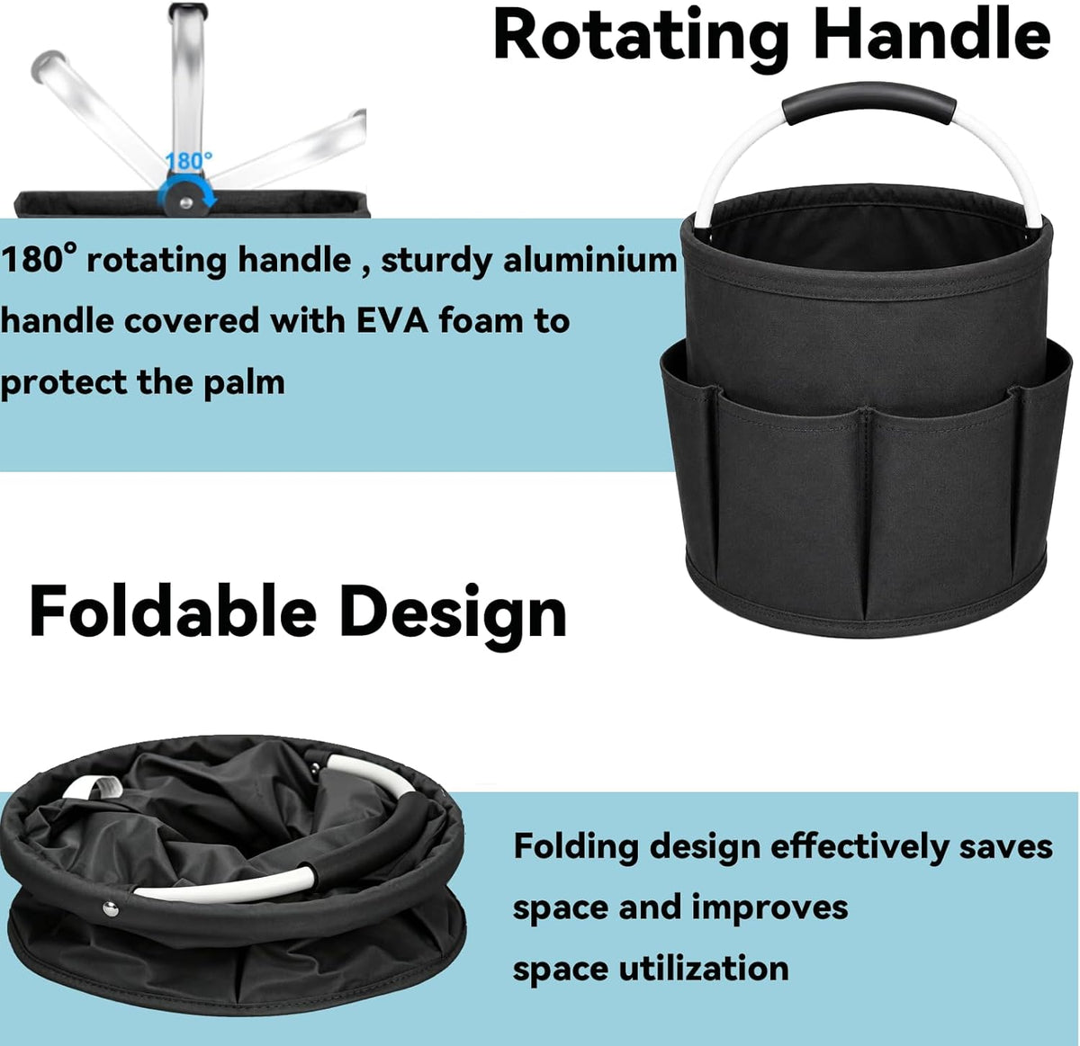 Cleaning Caddy with Handle, 17L Foldable Organizer with 6 Pockets | 600D Oxford Fabric, Durable, Waterproof, Large Capacity, Space-Saving Foldable, Multi Cleaning Bucket Bag for Home, Garden