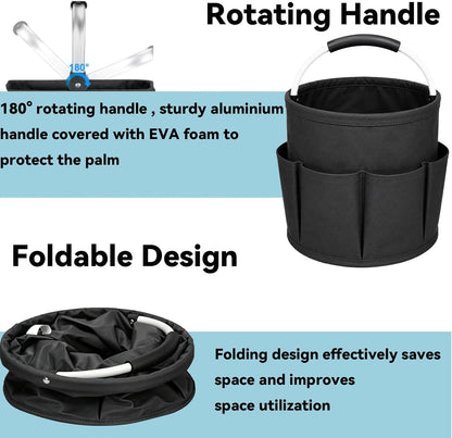 Cleaning Caddy with Handle, 17L Foldable Organizer with 6 Pockets | 600D Oxford Fabric, Durable, Waterproof, Large Capacity, Space-Saving Foldable, Multi Cleaning Bucket Bag for Home, Garden