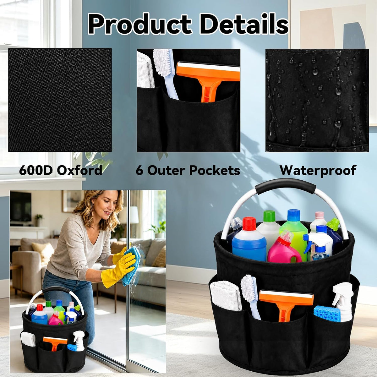 Cleaning Caddy with Handle, 17L Foldable Organizer with 6 Pockets | 600D Oxford Fabric, Durable, Waterproof, Large Capacity, Space-Saving Foldable, Multi Cleaning Bucket Bag for Home, Garden