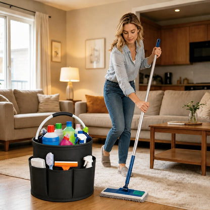 Cleaning Caddy with Handle, 17L Foldable Organizer with 6 Pockets | 600D Oxford Fabric, Durable, Waterproof, Large Capacity, Space-Saving Foldable, Multi Cleaning Bucket Bag for Home, Garden