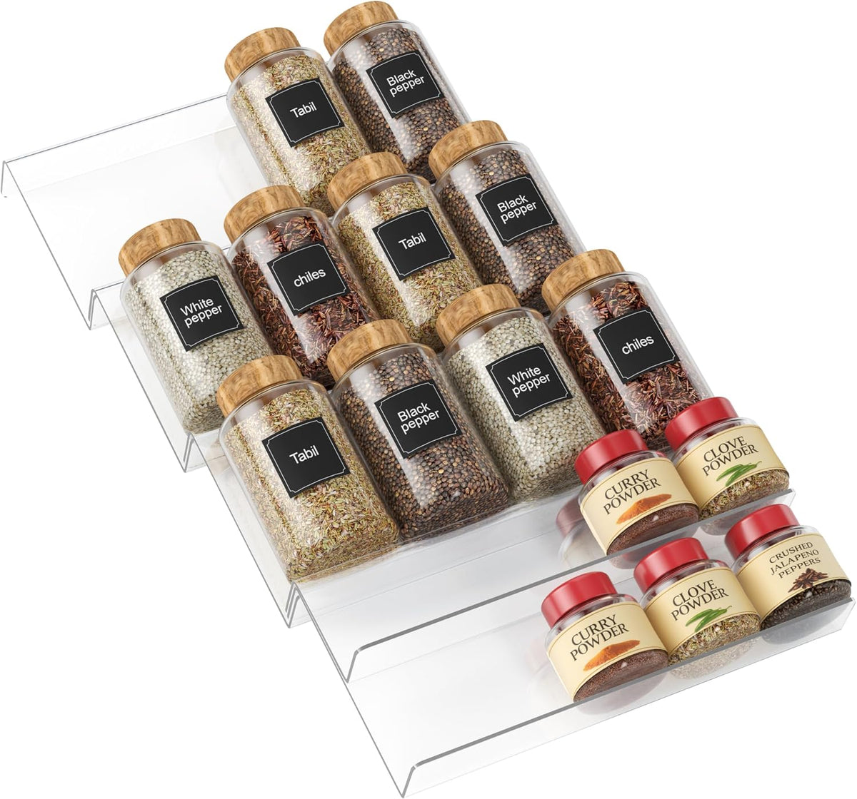 Spice Drawer Organizer Clear (Jars Not Included) - 5 Tier Acrylic Seasoning Drawer Organizer - Kitchen Spice Rack for Drawer, Cabinet, Countertop - Expandable From 9'' to17.5 In''