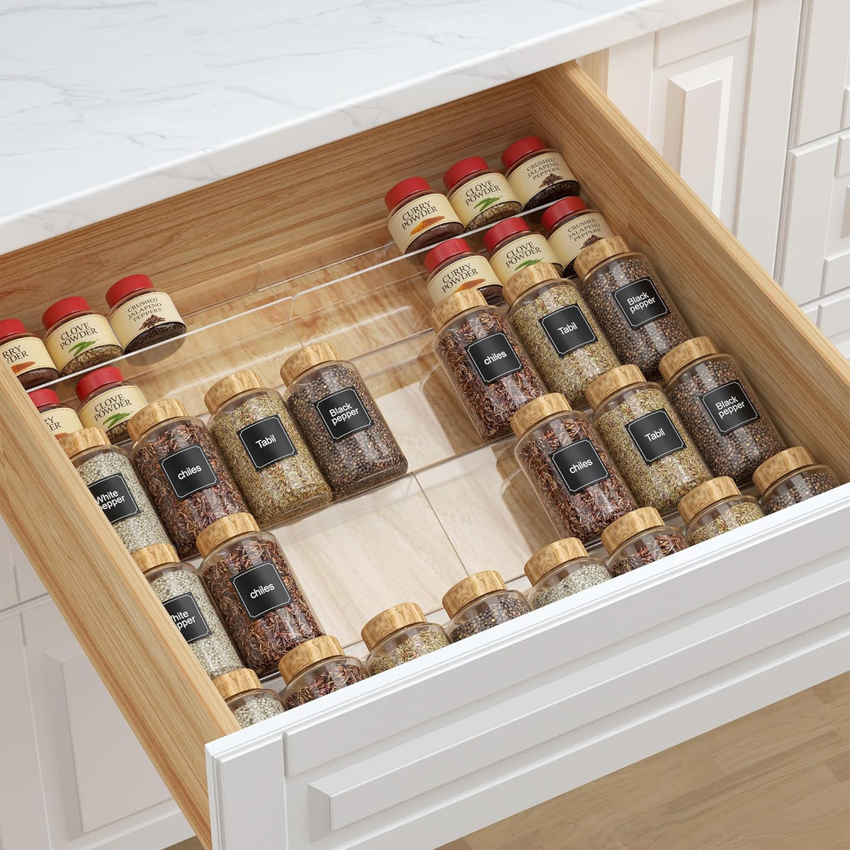 Spice Drawer Organizer Clear (Jars Not Included) - 5 Tier Acrylic Seasoning Drawer Organizer - Kitchen Spice Rack for Drawer, Cabinet, Countertop - Expandable From 9'' to17.5 In''