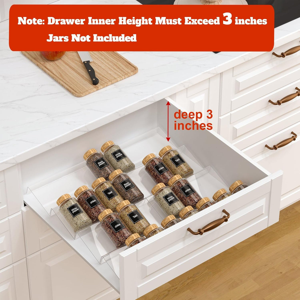 Spice Drawer Organizer Clear (Jars Not Included) - 5 Tier Acrylic Seasoning Drawer Organizer - Kitchen Spice Rack for Drawer, Cabinet, Countertop - Expandable From 9'' to17.5 In''