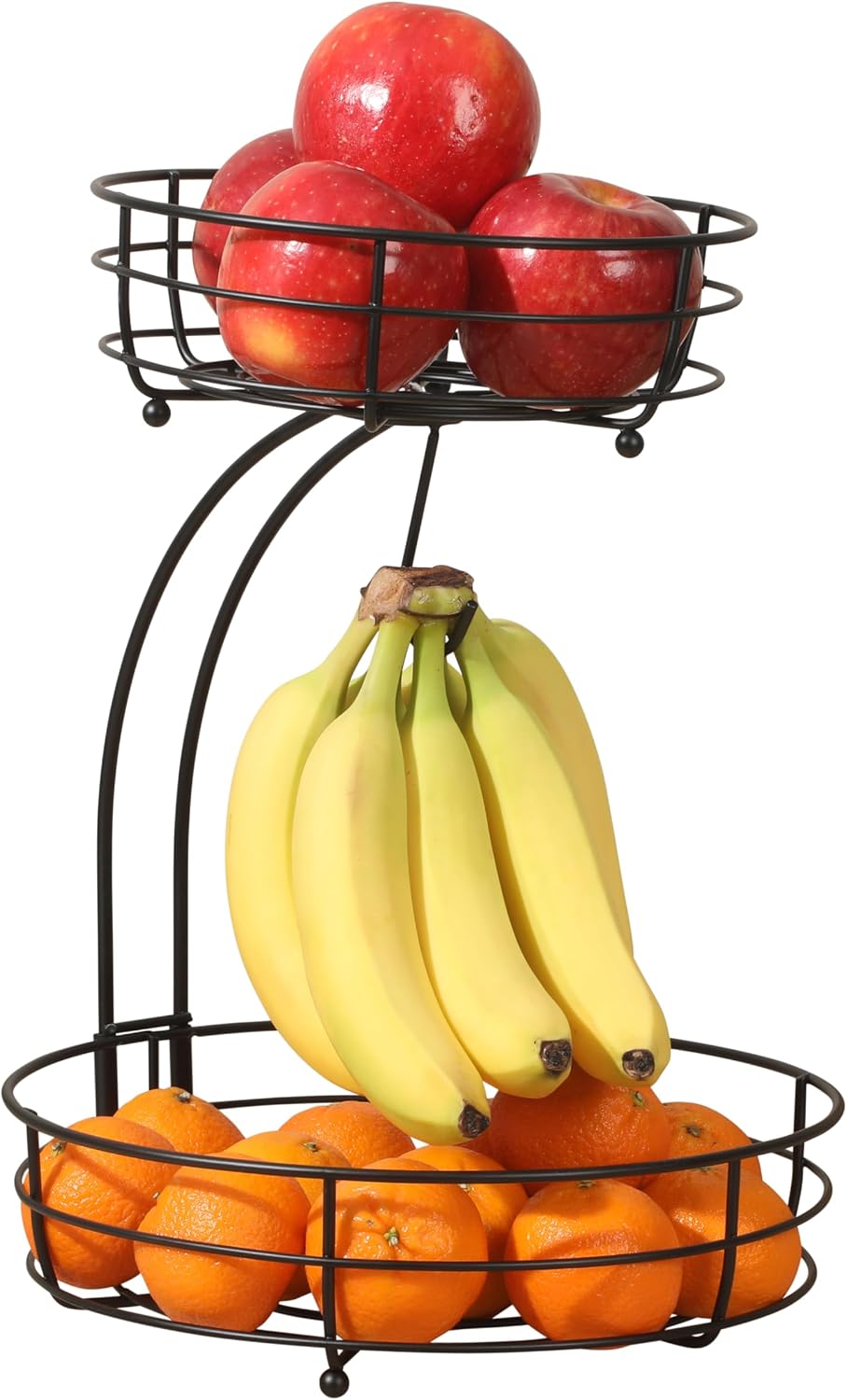 Gibson Home Harvest Season Fruit Basket Bowl with Banana Hanger – Black Metal Wire & Rubberwood Base – Countertop Produce Stand for Apples, Bananas, Oranges – Kitchen Storage Organizer