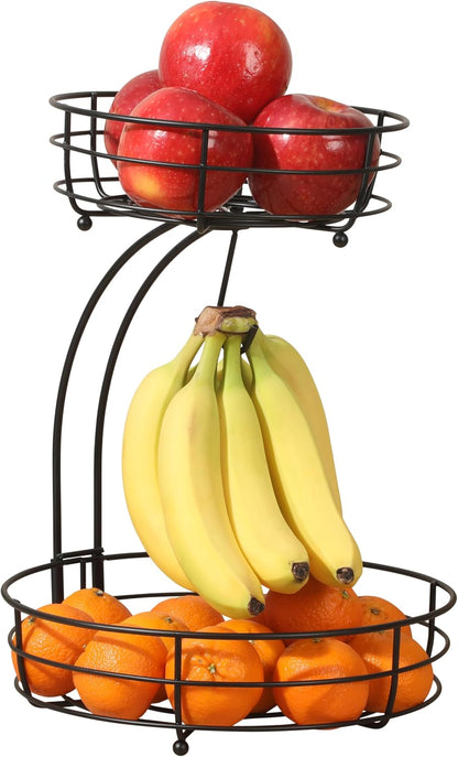 Gibson Home Harvest Season Fruit Basket Bowl with Banana Hanger – Black Metal Wire & Rubberwood Base – Countertop Produce Stand for Apples, Bananas, Oranges – Kitchen Storage Organizer