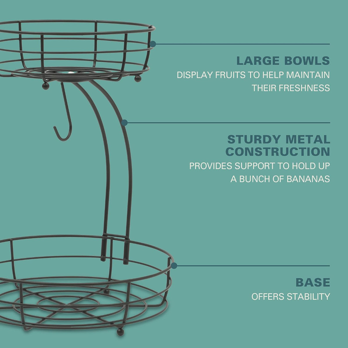 Gibson Home Harvest Season Fruit Basket Bowl with Banana Hanger – Black Metal Wire & Rubberwood Base – Countertop Produce Stand for Apples, Bananas, Oranges – Kitchen Storage Organizer