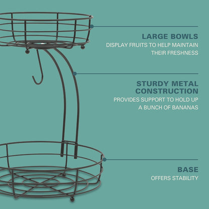 Gibson Home Harvest Season Fruit Basket Bowl with Banana Hanger – Black Metal Wire & Rubberwood Base – Countertop Produce Stand for Apples, Bananas, Oranges – Kitchen Storage Organizer