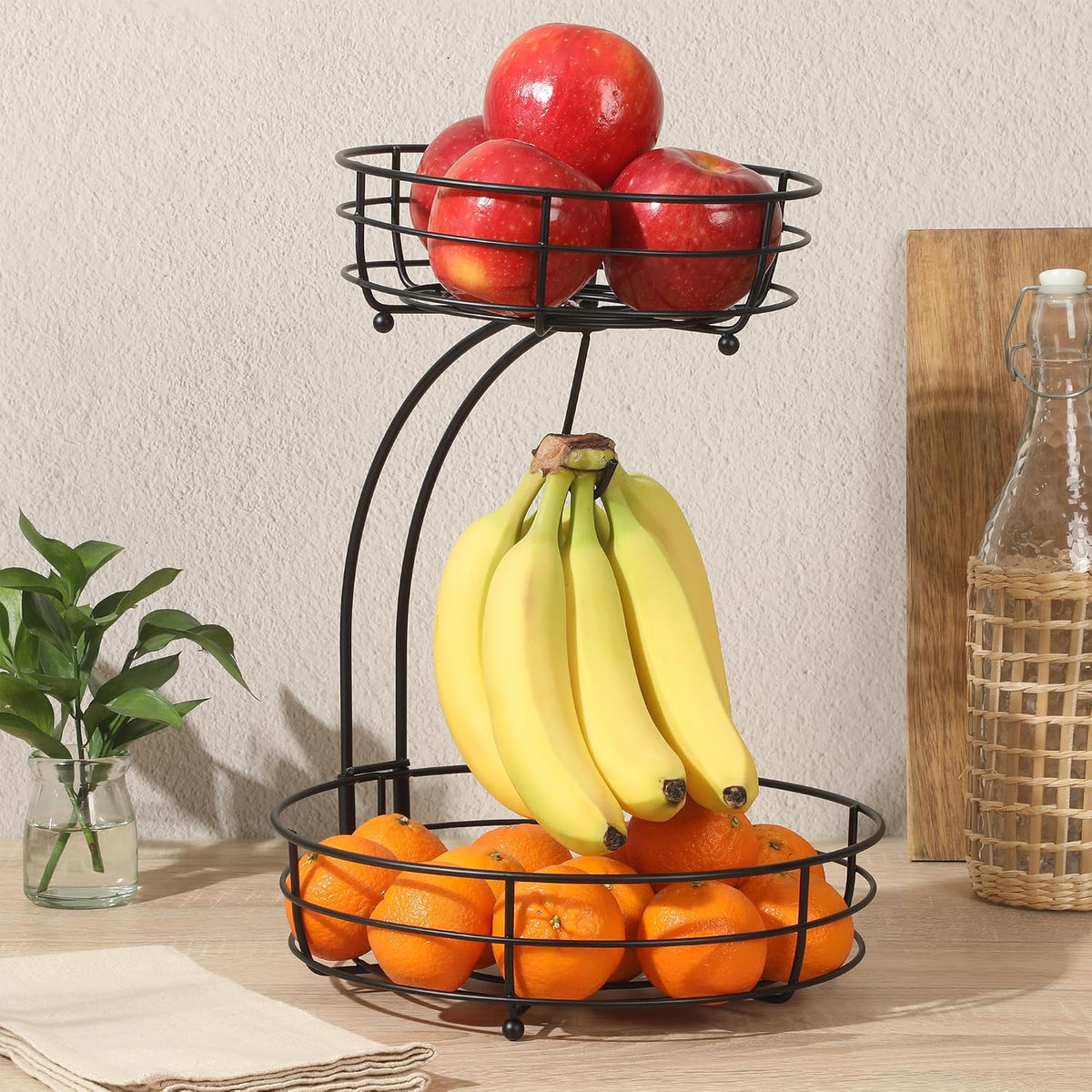 Gibson Home Harvest Season Fruit Basket Bowl with Banana Hanger – Black Metal Wire & Rubberwood Base – Countertop Produce Stand for Apples, Bananas, Oranges – Kitchen Storage Organizer