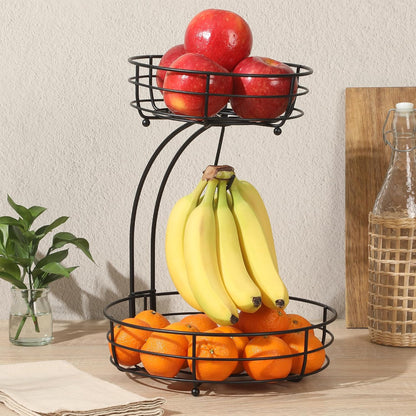 Gibson Home Harvest Season Fruit Basket Bowl with Banana Hanger – Black Metal Wire & Rubberwood Base – Countertop Produce Stand for Apples, Bananas, Oranges – Kitchen Storage Organizer