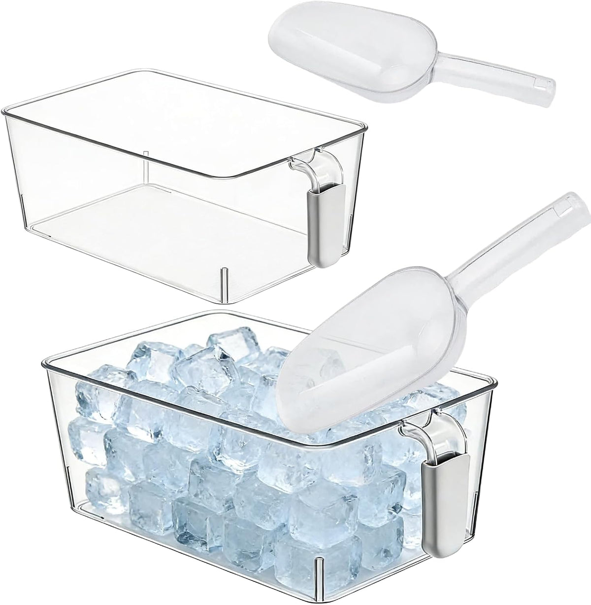 2-Pack Clear Gray Ice Storage Bins with 2 Thickened Scoops, Durable Freezer Containers with Handles, Space-Saving Kitchen Organizer, 12.2 x 6.9 x 4.3 Inches