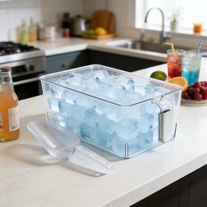 2-Pack Clear Gray Ice Storage Bins with 2 Thickened Scoops, Durable Freezer Containers with Handles, Space-Saving Kitchen Organizer, 12.2 x 6.9 x 4.3 Inches