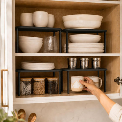 Cabinet Organizer Set of 2 - Kitchen Pantry Organizers and Storage with Bamboo Top & Brass-Effect Metal Legs - for Kitchen Counter & Stackable Shelves for Cabinets with 22 lb Capacity - Natural