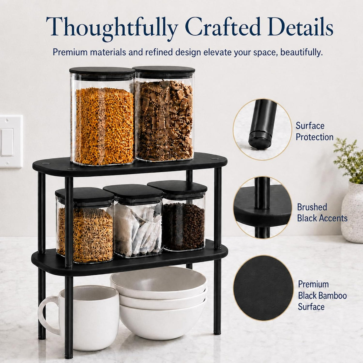Cabinet Organizer Set of 2 - Kitchen Pantry Organizers and Storage with Bamboo Top & Brass-Effect Metal Legs - for Kitchen Counter & Stackable Shelves for Cabinets with 22 lb Capacity - Natural