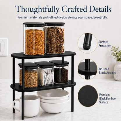 Cabinet Organizer Set of 2 - Kitchen Pantry Organizers and Storage with Bamboo Top & Brass-Effect Metal Legs - for Kitchen Counter & Stackable Shelves for Cabinets with 22 lb Capacity - Natural