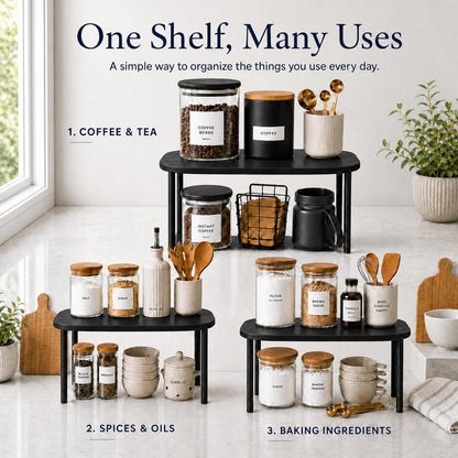 Cabinet Organizer Set of 2 - Kitchen Pantry Organizers and Storage with Bamboo Top & Brass-Effect Metal Legs - for Kitchen Counter & Stackable Shelves for Cabinets with 22 lb Capacity - Natural