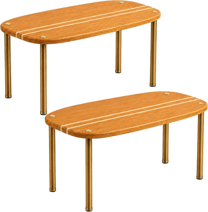 Cabinet Organizer Set of 2 - Kitchen Pantry Organizers and Storage with Bamboo Top & Brass-Effect Metal Legs - for Kitchen Counter & Stackable Shelves for Cabinets with 22 lb Capacity - Natural