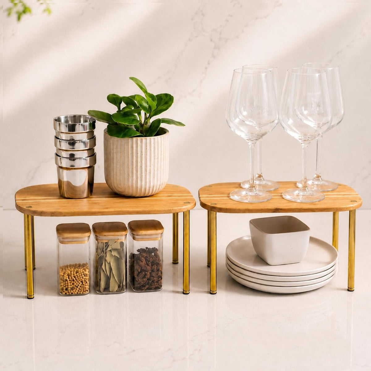 Cabinet Organizer Set of 2 - Kitchen Pantry Organizers and Storage with Bamboo Top & Brass-Effect Metal Legs - for Kitchen Counter & Stackable Shelves for Cabinets with 22 lb Capacity - Natural