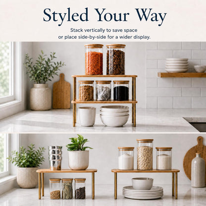 Cabinet Organizer Set of 2 - Kitchen Pantry Organizers and Storage with Bamboo Top & Brass-Effect Metal Legs - for Kitchen Counter & Stackable Shelves for Cabinets with 22 lb Capacity - Natural