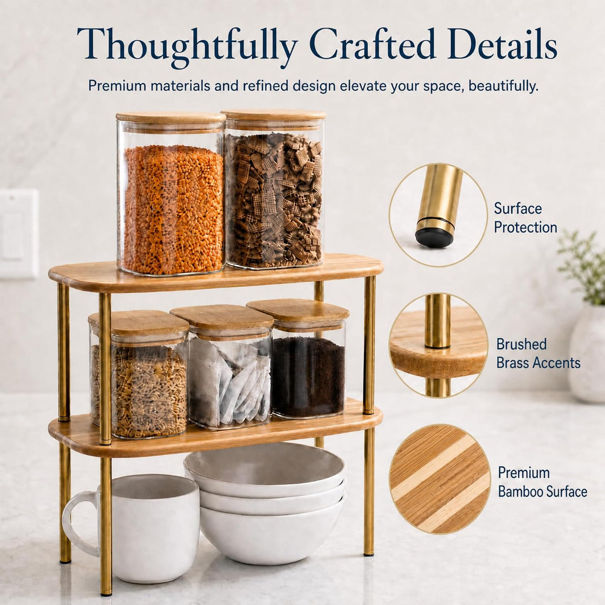 Cabinet Organizer Set of 2 - Kitchen Pantry Organizers and Storage with Bamboo Top & Brass-Effect Metal Legs - for Kitchen Counter & Stackable Shelves for Cabinets with 22 lb Capacity - Natural