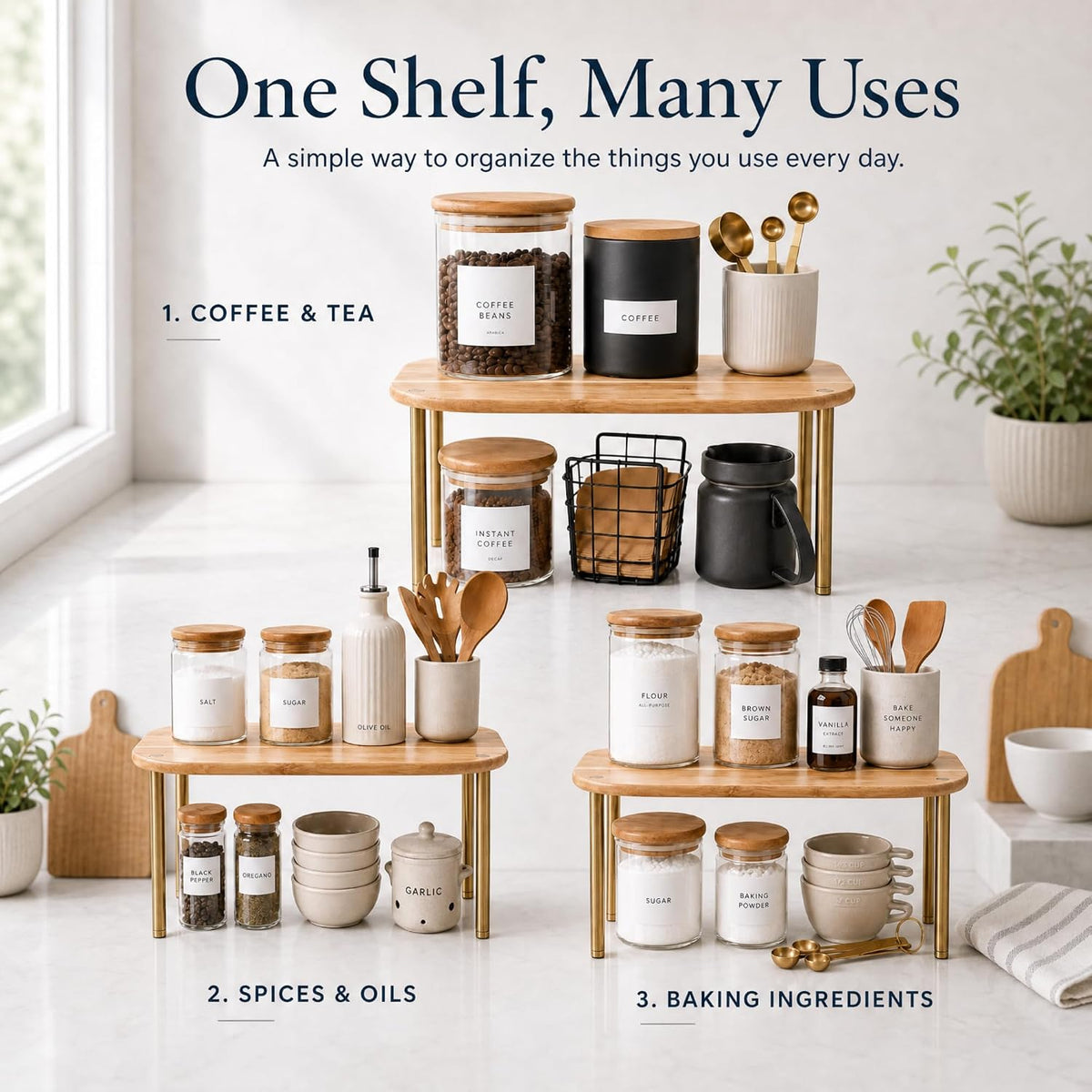 Cabinet Organizer Set of 2 - Kitchen Pantry Organizers and Storage with Bamboo Top & Brass-Effect Metal Legs - for Kitchen Counter & Stackable Shelves for Cabinets with 22 lb Capacity - Natural