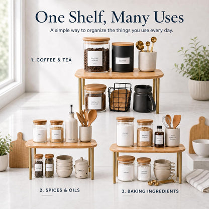Cabinet Organizer Set of 2 - Kitchen Pantry Organizers and Storage with Bamboo Top & Brass-Effect Metal Legs - for Kitchen Counter & Stackable Shelves for Cabinets with 22 lb Capacity - Natural