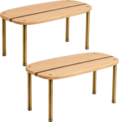 Cabinet Organizer Set of 2 - Kitchen Pantry Organizers and Storage with Bamboo Top & Brass-Effect Metal Legs - for Kitchen Counter & Stackable Shelves for Cabinets with 22 lb Capacity - Natural