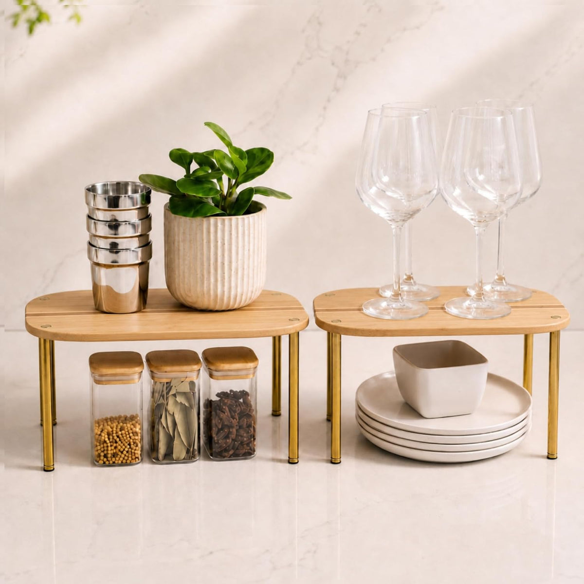 Cabinet Organizer Set of 2 - Kitchen Pantry Organizers and Storage with Bamboo Top & Brass-Effect Metal Legs - for Kitchen Counter & Stackable Shelves for Cabinets with 22 lb Capacity - Natural