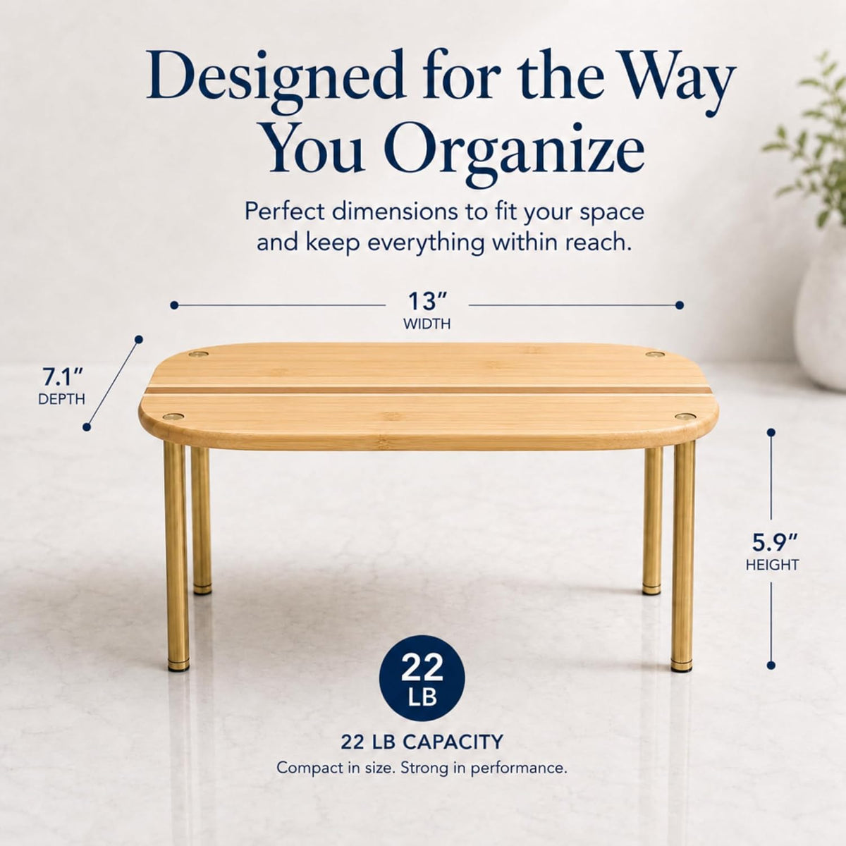 Cabinet Organizer Set of 2 - Kitchen Pantry Organizers and Storage with Bamboo Top & Brass-Effect Metal Legs - for Kitchen Counter & Stackable Shelves for Cabinets with 22 lb Capacity - Natural