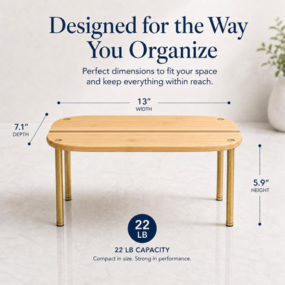 Cabinet Organizer Set of 2 - Kitchen Pantry Organizers and Storage with Bamboo Top & Brass-Effect Metal Legs - for Kitchen Counter & Stackable Shelves for Cabinets with 22 lb Capacity - Natural