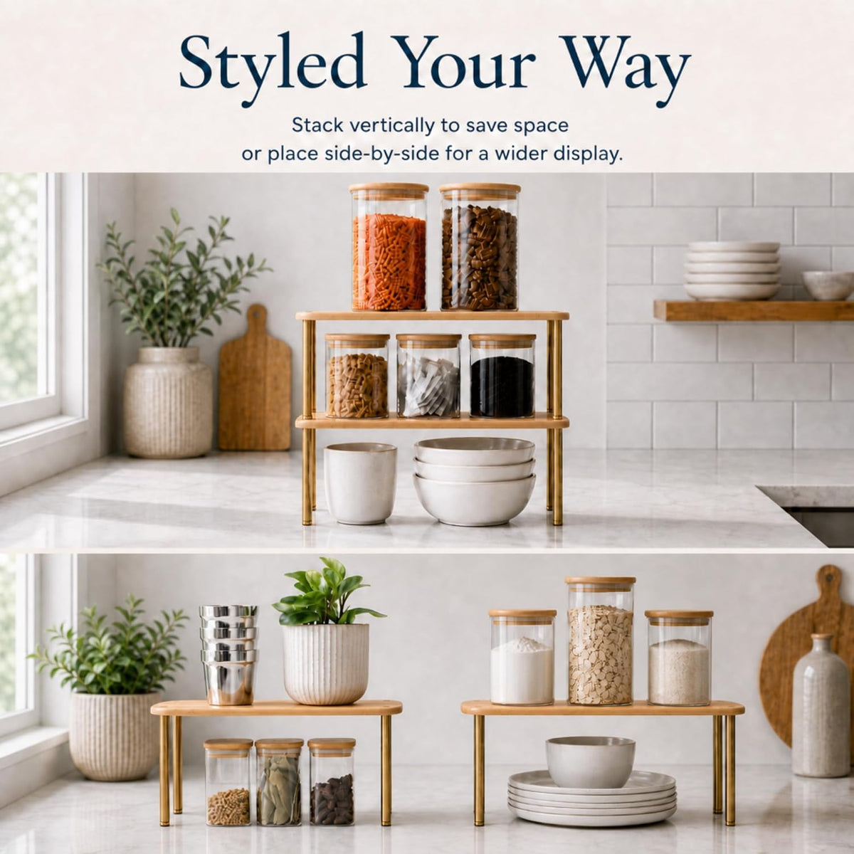 Cabinet Organizer Set of 2 - Kitchen Pantry Organizers and Storage with Bamboo Top & Brass-Effect Metal Legs - for Kitchen Counter & Stackable Shelves for Cabinets with 22 lb Capacity - Natural