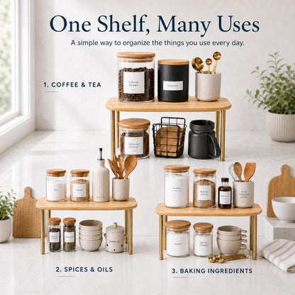 Cabinet Organizer Set of 2 - Kitchen Pantry Organizers and Storage with Bamboo Top & Brass-Effect Metal Legs - for Kitchen Counter & Stackable Shelves for Cabinets with 22 lb Capacity - Natural