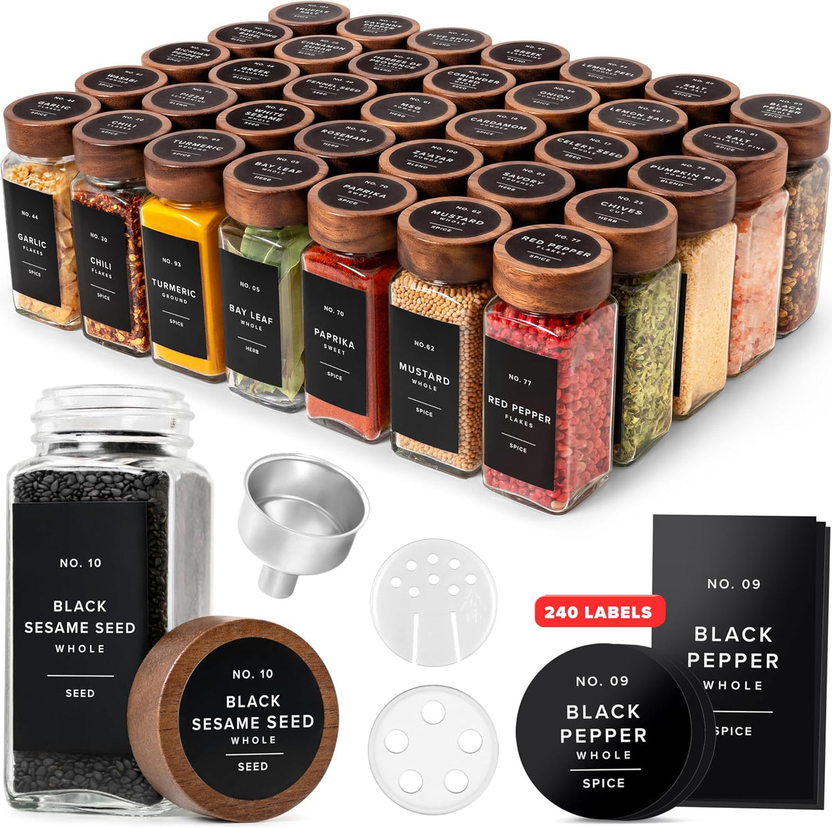 Glass Spice Jars with Label, 24x Acacia Wooden Lids - White Labels | Airtight Lids keep spices fresh, Kitchen Spice Drawer Organizer, 4oz Seasoning Containers incl. Funnel, Brush & 240 Labels
